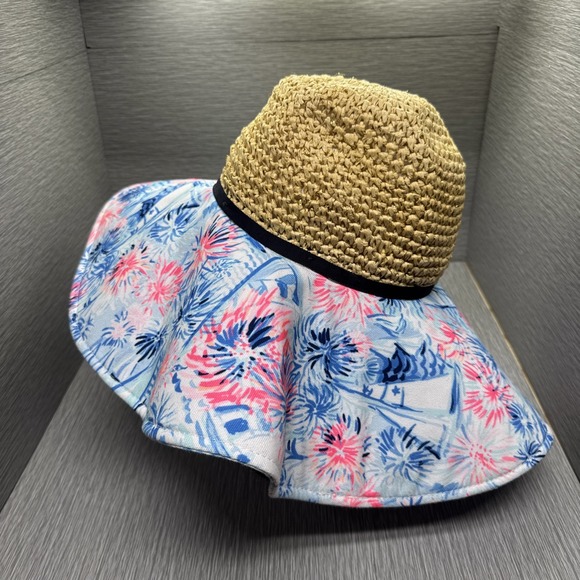 Lilly Pulitzer Straw Wide Brim Sun Hat Tropical Floral Print Pink Blue One Size - Picture 2 of 13